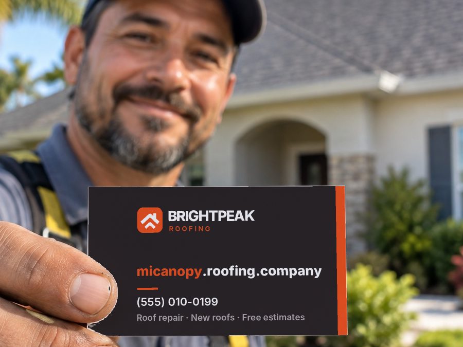micanopy.roofing.company on a roofer's business card