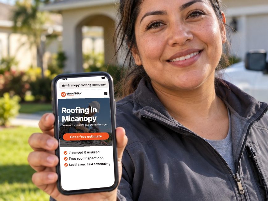 micanopy.roofing.company open in a phone browser