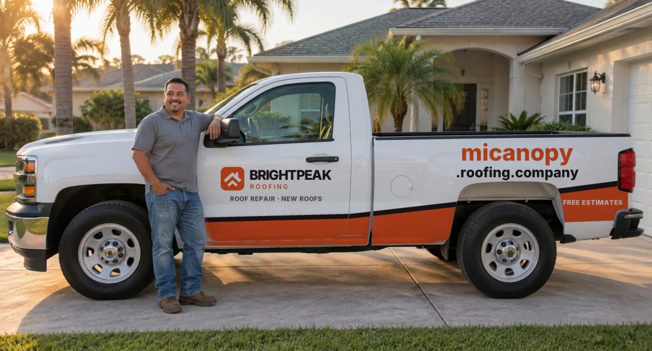 micanopy.roofing.company painted on the side of a white work truck
