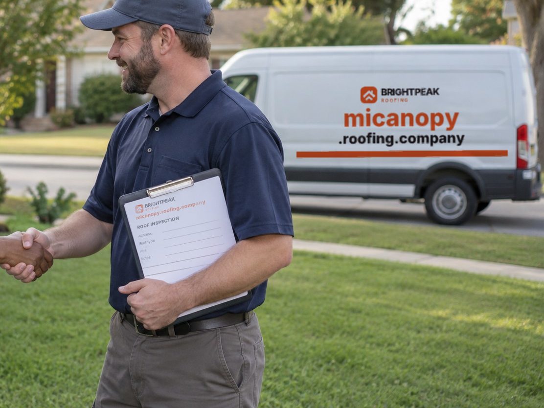 micanopy.roofing.company on a roofing van and an inspection form